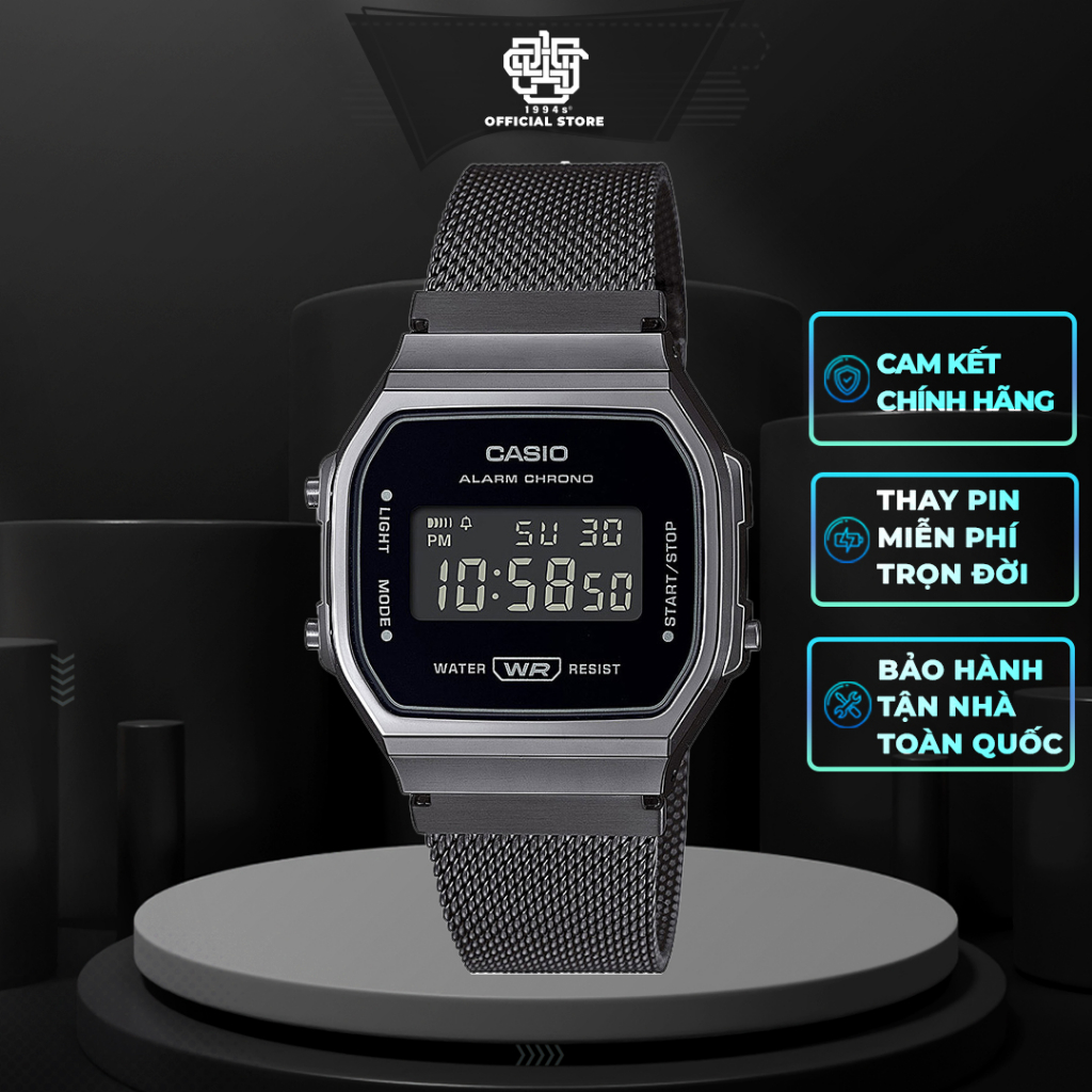Đồng hồ nam/nữ Casio A168 / A168WEMB-1B dây thép không gỉ, chống nước 50m, hàng chính hãng