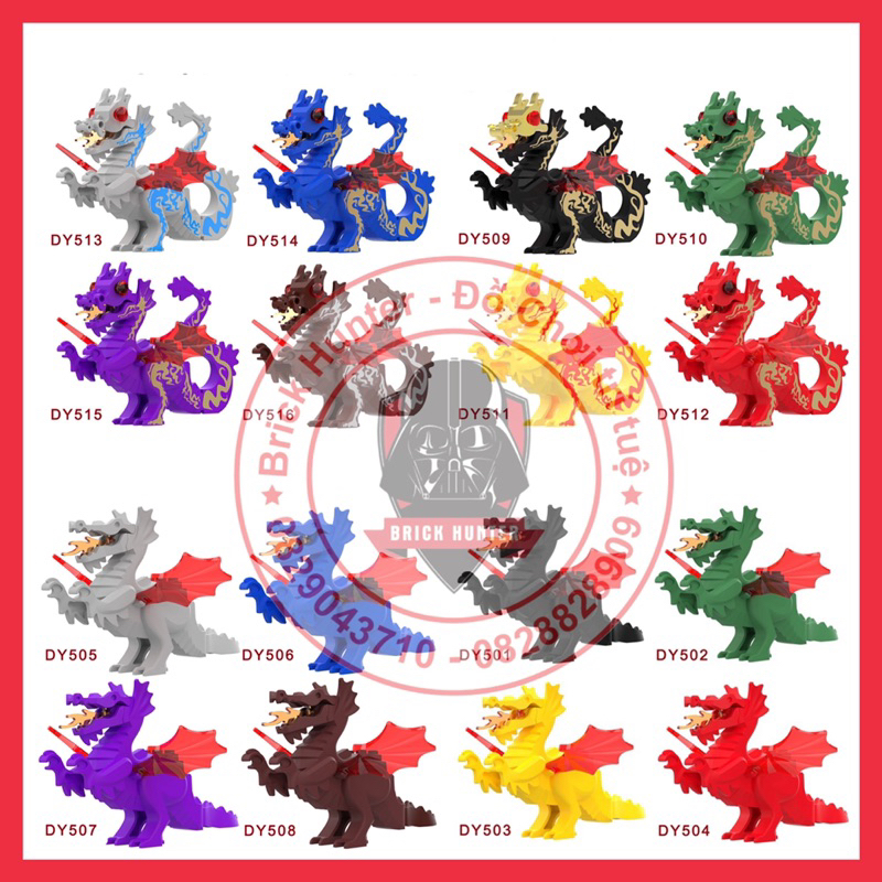 DY501-56 Castle Acient Middle Dragon mô hình lắp ráp Rồng lửa đầu cá sấu đủ màu sắc dỏ đen xanh vàng nâu tím xám