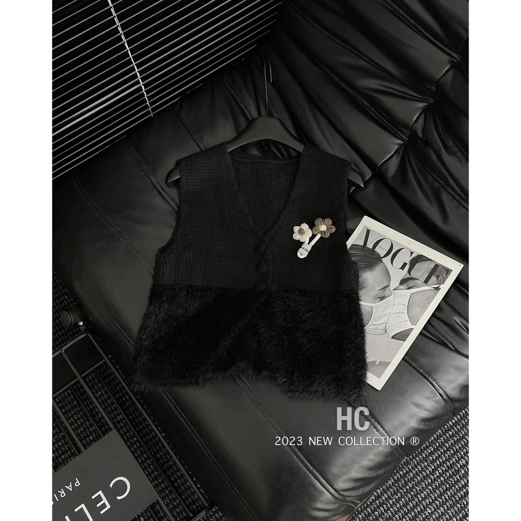 Áo ghile len mic lông cúc bọc cài hoa 5 màu