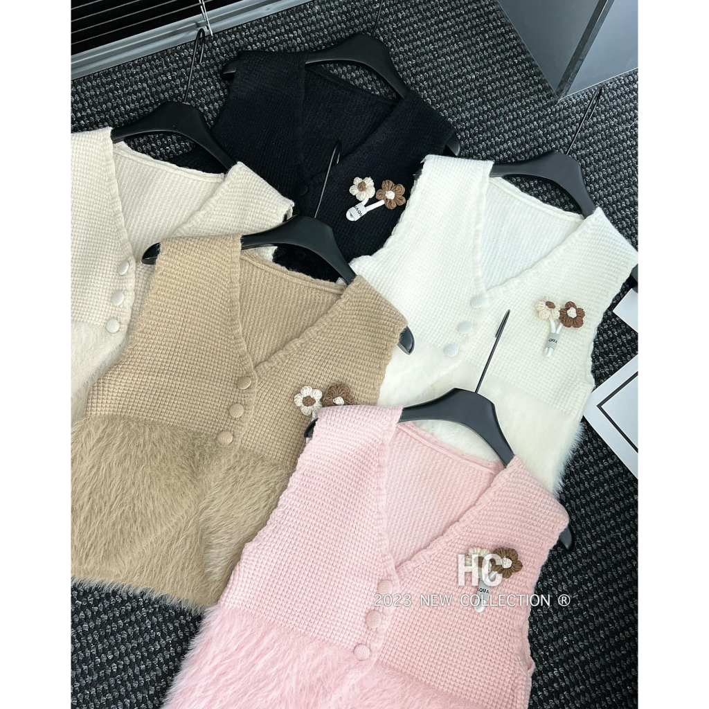 Áo ghile len mic lông cúc bọc cài hoa 5 màu