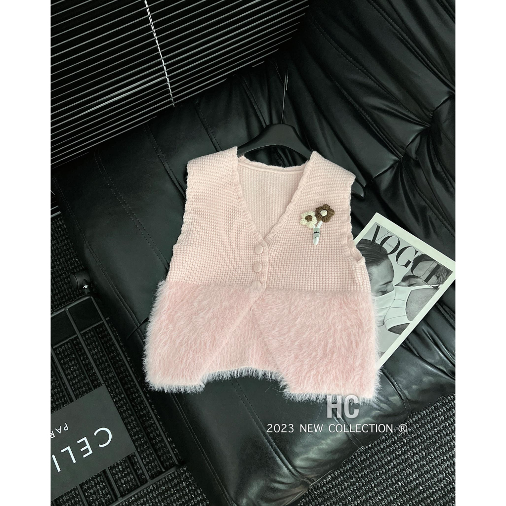 Áo ghile len mic lông cúc bọc cài hoa 5 màu