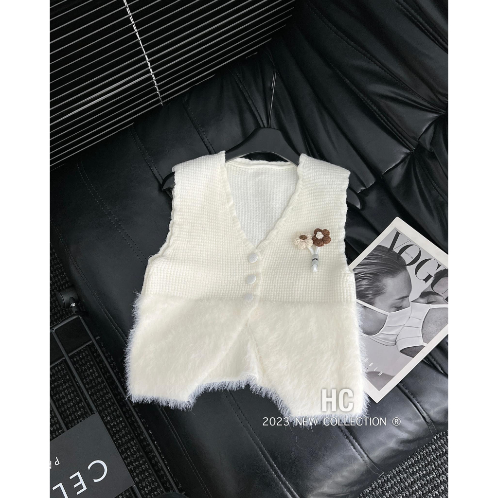 Áo ghile len mic lông cúc bọc cài hoa 5 màu