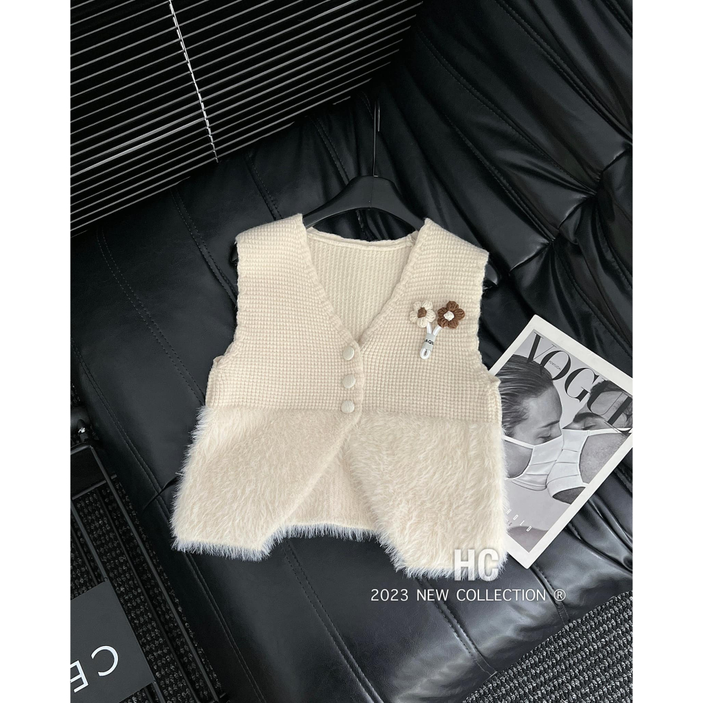 Áo ghile len mic lông cúc bọc cài hoa 5 màu