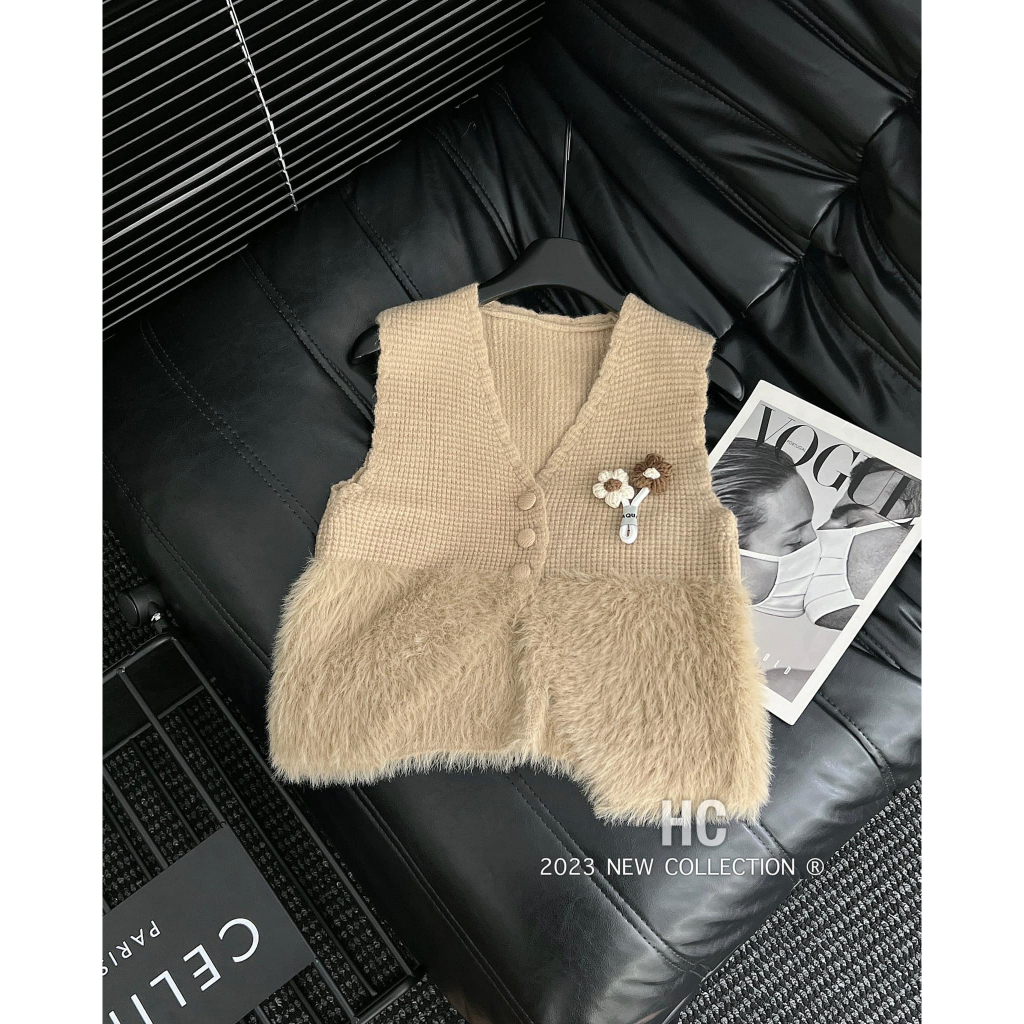 Áo ghile len mic lông cúc bọc cài hoa 5 màu