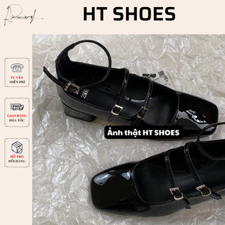 Giày sandal Z mũi vuông đen bóng quai mảnh đế trụ vuông cao 4cm phong cách retro Pháp cá tính dễ phối đồ Fullbox #6137-2