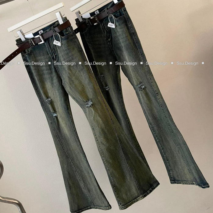 Quần jeans loe L1 cạp cao rách 2 bên dáng dài kèm đai màu hotrend 2023