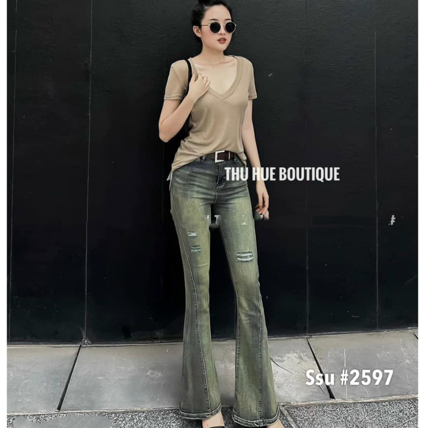 Quần jeans loe L1 cạp cao rách 2 bên dáng dài kèm đai màu hotrend 2023