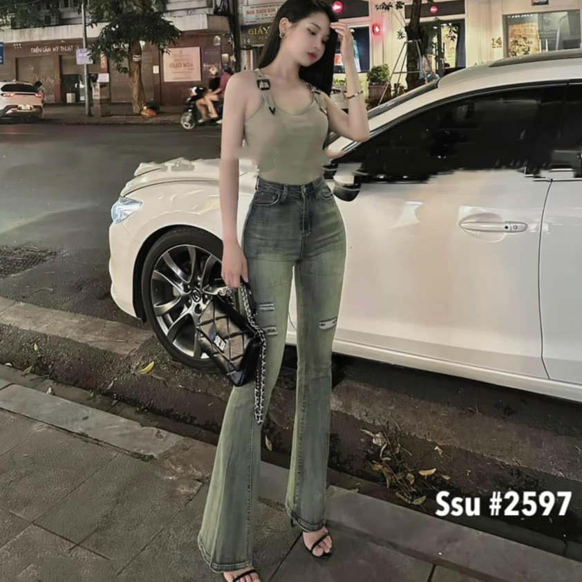 Quần jeans loe L1 cạp cao rách 2 bên dáng dài kèm đai màu hotrend 2023