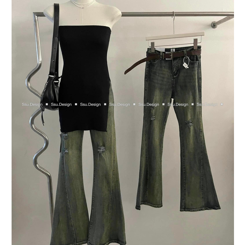Quần jeans loe L1 cạp cao rách 2 bên dáng dài kèm đai màu hotrend 2023
