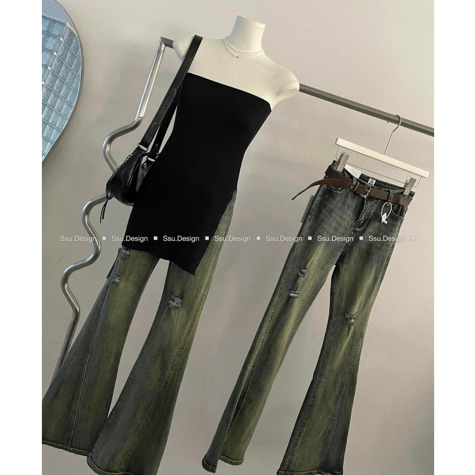 Quần jeans loe L1 cạp cao rách 2 bên dáng dài kèm đai màu hotrend 2023