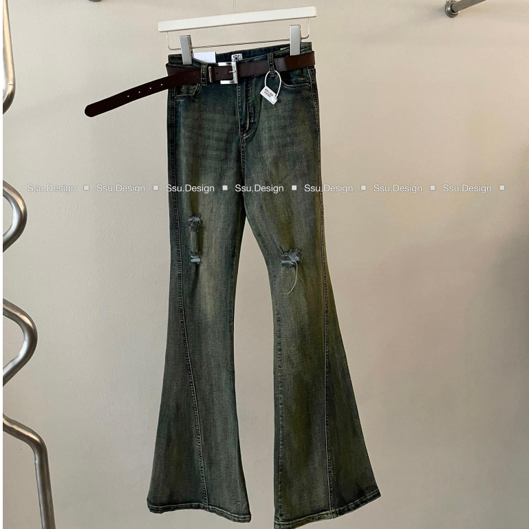 Quần jeans loe L1 cạp cao rách 2 bên dáng dài kèm đai màu hotrend 2023