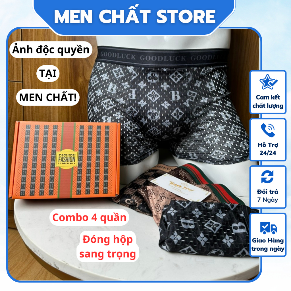 Combo 4 quần sịp đùi nam thương hiệu sang chảnh. Sịp thiết kế có lỗ thông hơi thoáng khí lót quần 2 lớp cotton bao mát.