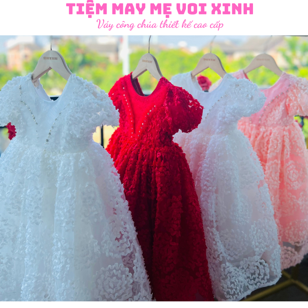 Váy công chúa đầm công chúa bé gái dáng dài thiết kế màu trắng, màu hồng tú cầu từ 1-10 tuổi tại mom'schoice