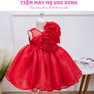 Váy công chúa, đầm công chúa cho bé gái thiết kế hoa hồng màu đỏ trên ngực trái cho bé từ 1 đến 12 tuổi 8kg đến 45kg