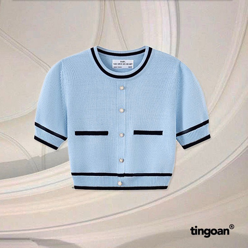 TINGOAN® - Áo len ngắn tay viền đen chống nhăn xanh blue ALISSA TOP/BLUE