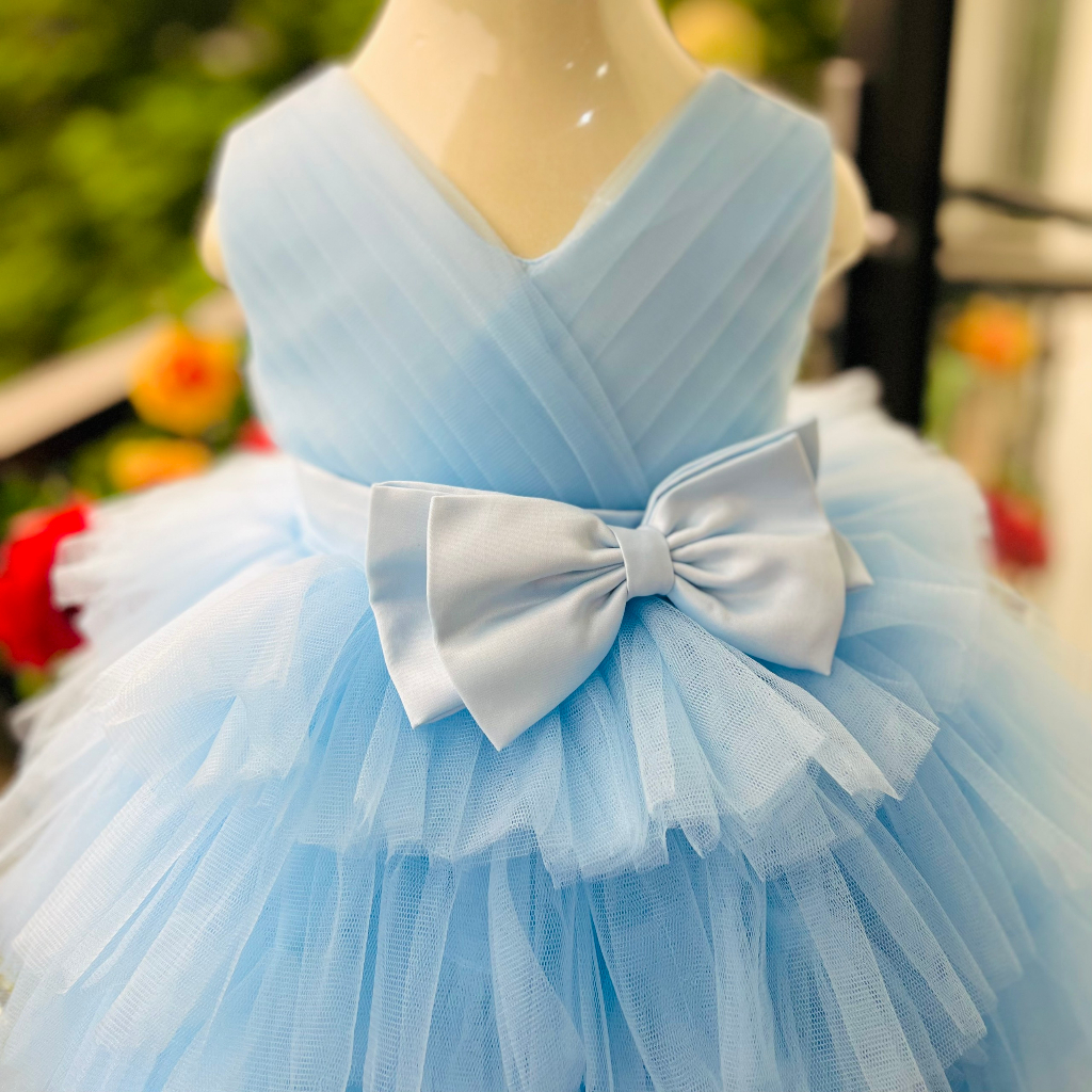 Váy công chúa đầm công chúa xếp tâng thiết kế màu xanh dương cho bé gái từ 1-12 tuổi