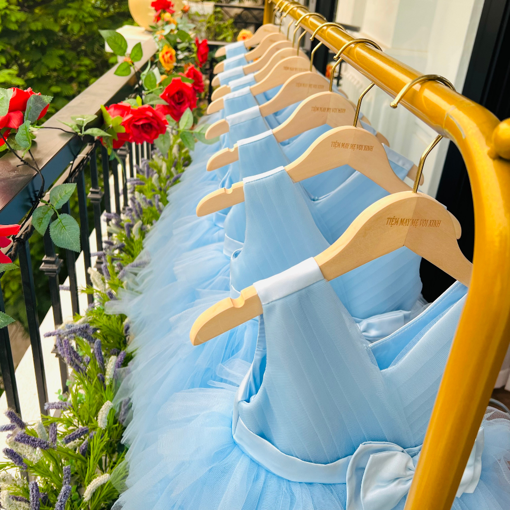 Váy công chúa đầm công chúa xếp tâng thiết kế màu xanh dương cho bé gái từ 1-12 tuổi