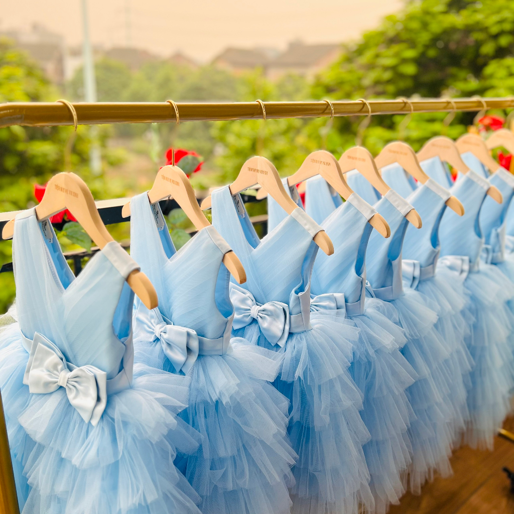 Váy công chúa đầm công chúa xếp tâng thiết kế màu xanh dương cho bé gái từ 1-12 tuổi