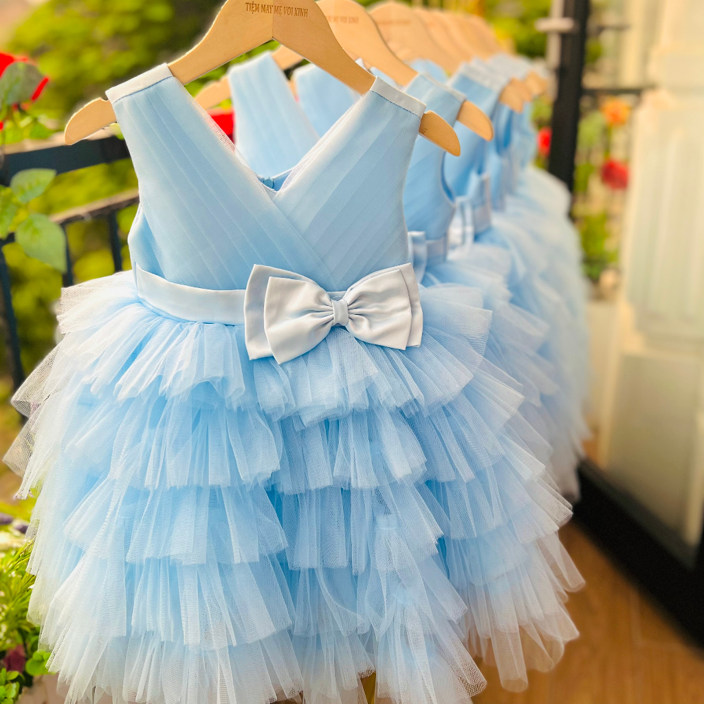 Váy công chúa đầm công chúa xếp tâng thiết kế màu xanh dương cho bé gái từ 1-12 tuổi