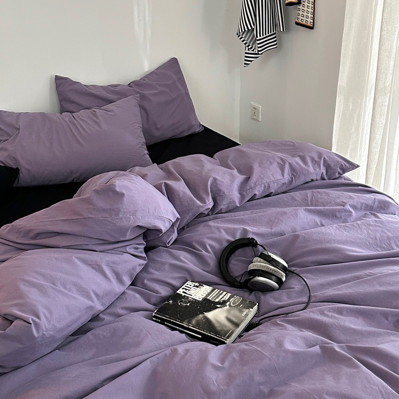 Bộ chăn ga gối cotton tici  cotton đũi trơn dày decor phòng ngủ vintage màu tím mix đen đủ mọi cỡ nệm