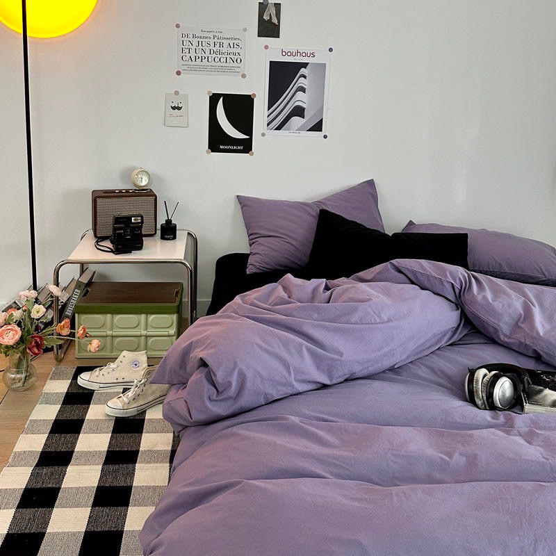 Bộ chăn ga gối cotton tici  cotton đũi trơn dày decor phòng ngủ vintage màu tím mix đen đủ mọi cỡ nệm