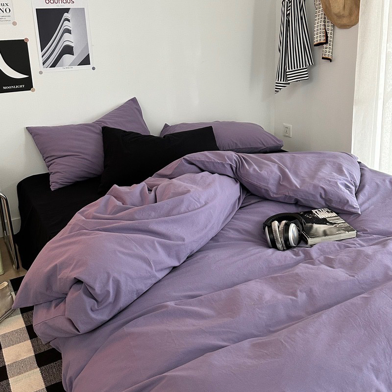 Bộ chăn ga gối cotton tici  cotton đũi trơn dày decor phòng ngủ vintage màu tím mix đen đủ mọi cỡ nệm