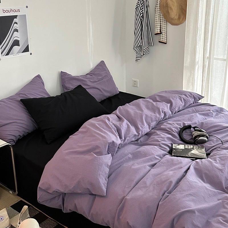 Bộ chăn ga gối cotton tici  cotton đũi trơn dày decor phòng ngủ vintage màu tím mix đen đủ mọi cỡ nệm