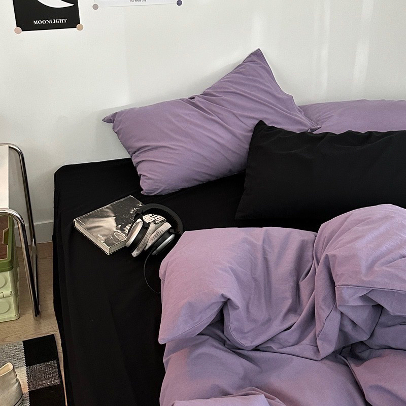 Bộ chăn ga gối cotton tici  cotton đũi trơn dày decor phòng ngủ vintage màu tím mix đen đủ mọi cỡ nệm