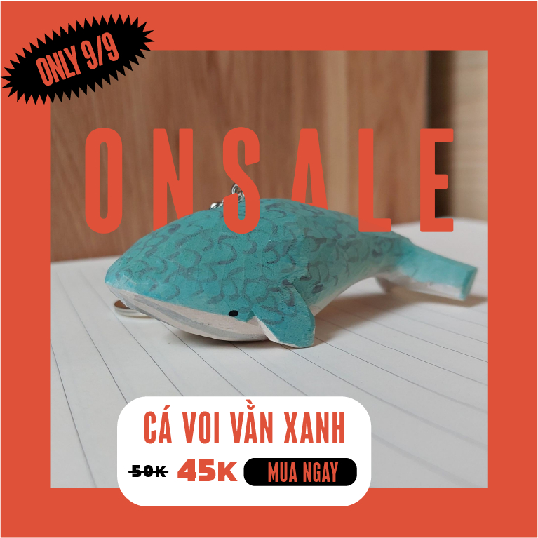Móc khóa gỗ thủ công cá voi xanh vằn không hề cô đơn