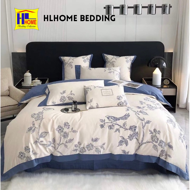 Bộ chăn ga lụa dệt lá Hlhome màu xanh- đỏ hàng nhập nguyên set