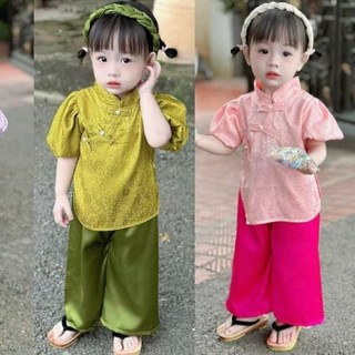 Bộ bà ba bé gái kèm cài xinh xắn size 10 - 30ky/ Bộ bà ba đi chùa bé gái vải gấm mềm đẹp