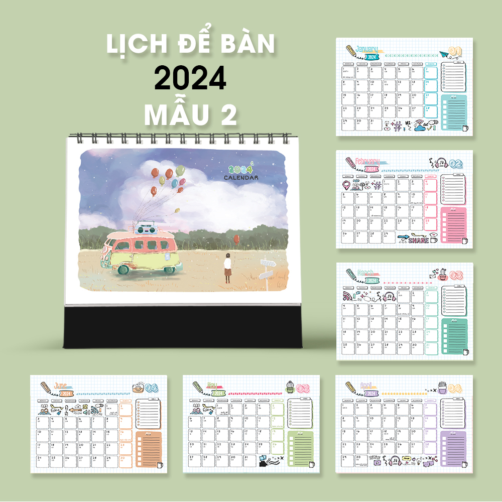 Lịch để bàn ÂM DƯƠNG 2024, ghi chú ngày lễ Việt Nam, lịch bàn 2024,tone màu pastel dễ thương