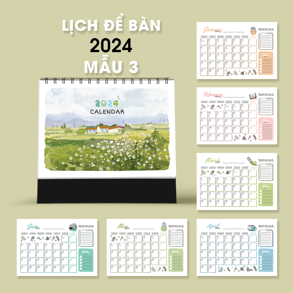 Lịch để bàn ÂM DƯƠNG 2024, ghi chú ngày lễ Việt Nam, lịch bàn 2024,tone màu pastel dễ thương