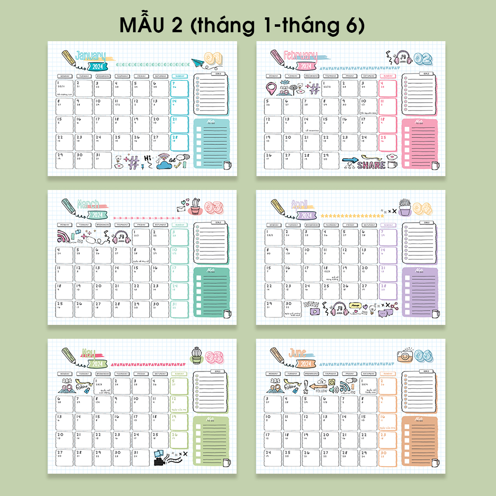 Lịch để bàn ÂM DƯƠNG 2024, ghi chú ngày lễ Việt Nam, lịch bàn 2024,tone màu pastel dễ thương