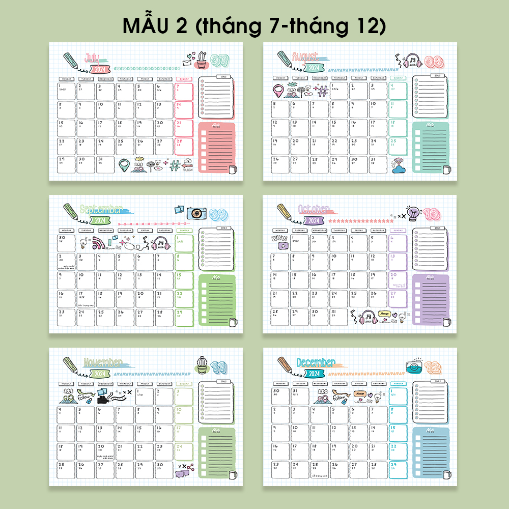 Lịch để bàn ÂM DƯƠNG 2024, ghi chú ngày lễ Việt Nam, lịch bàn 2024,tone màu pastel dễ thương