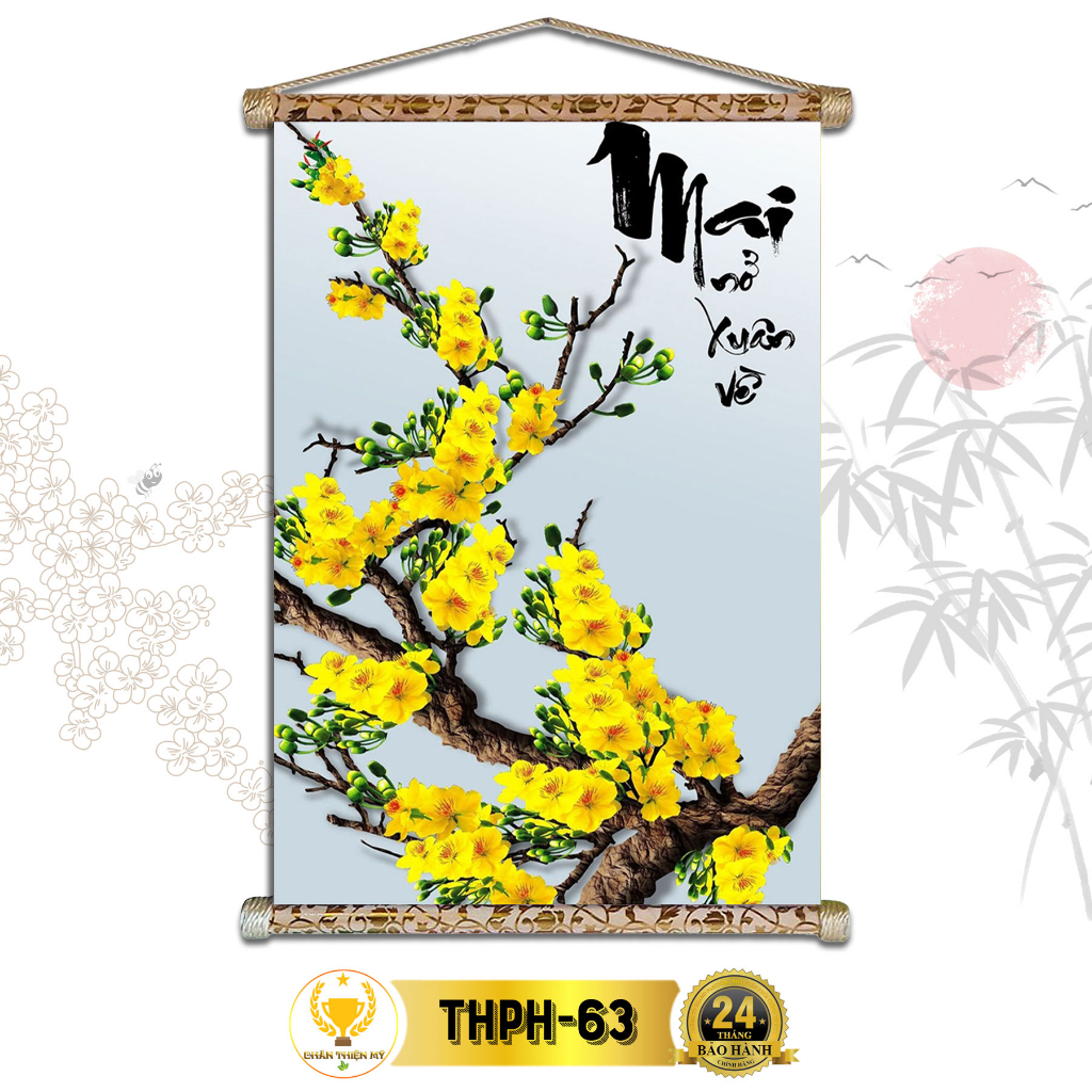 Tranh Thư Pháp Treo Tường Hoa Mai CHÂN THIỆN MỸ, Chất Liệu Vải Lụa Kim Sa Khung Gỗ 40x60cm THPH-63