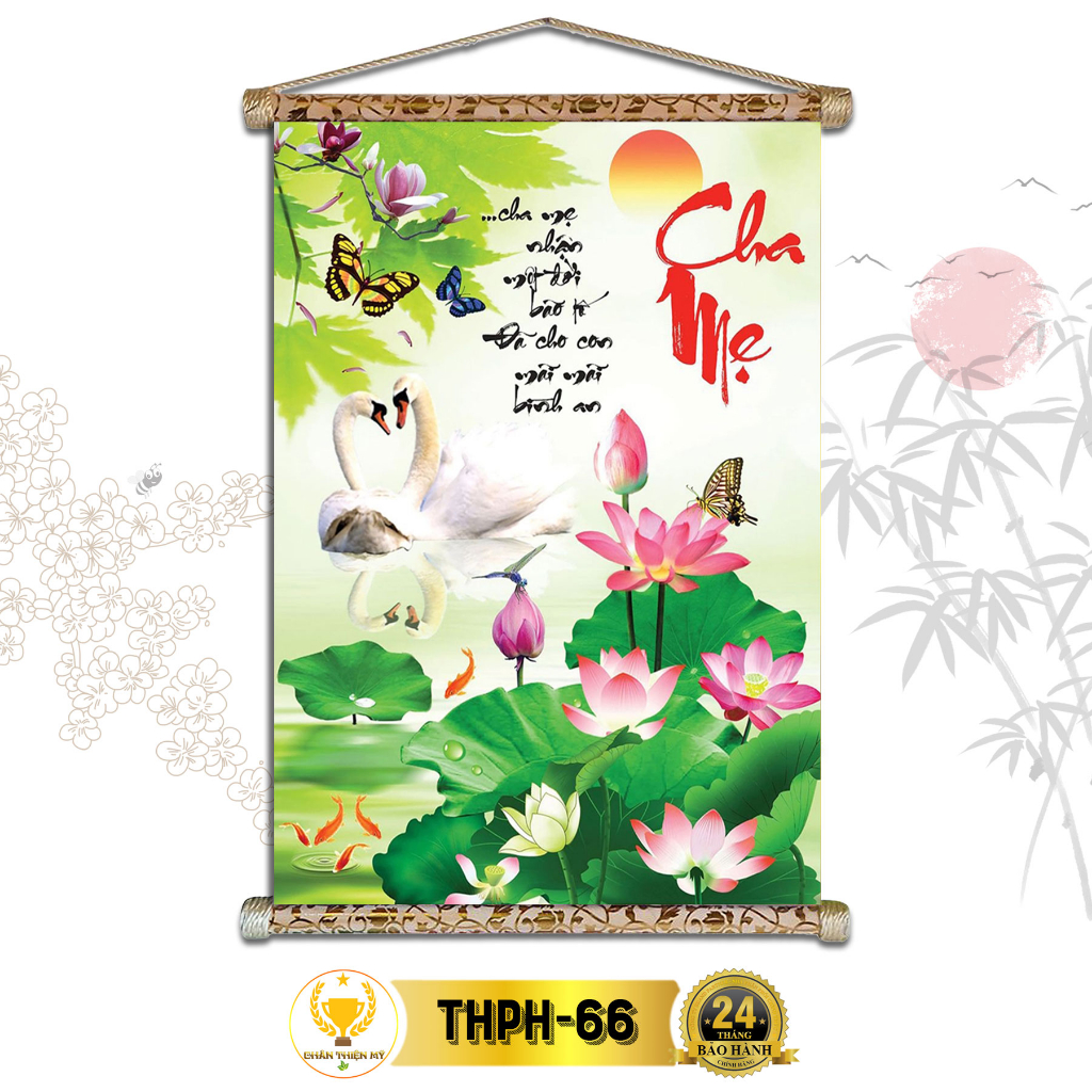 Tranh Thư Pháp Treo Tường Cha Mẹ CHÂN THIỆN MỸ, Chất Liệu Vải Lụa Kim Sa Khung Gỗ 40x60cm THPH-66
