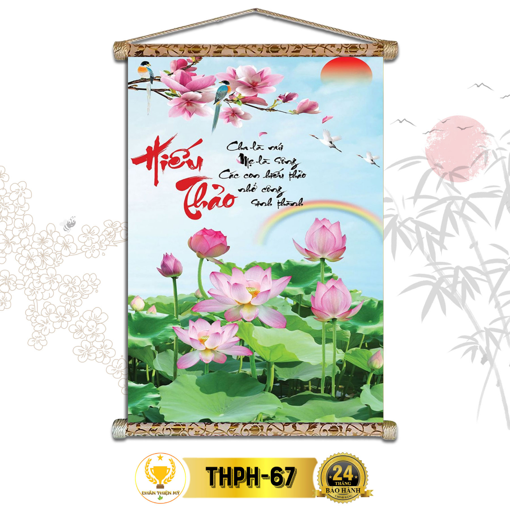 Tranh Thư Pháp Treo Tường Hiếu Thảo CHÂN THIỆN MỸ, Chất Liệu Vải Lụa Kim Sa Khung Gỗ 40x60cm THPH-67