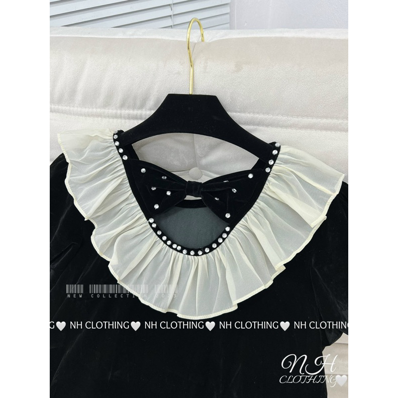 Váy nhung xuông phối cổ ren đính đá tiểu thư