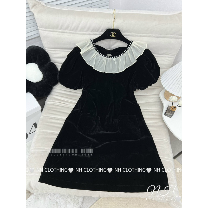 Váy nhung xuông phối cổ ren đính đá tiểu thư