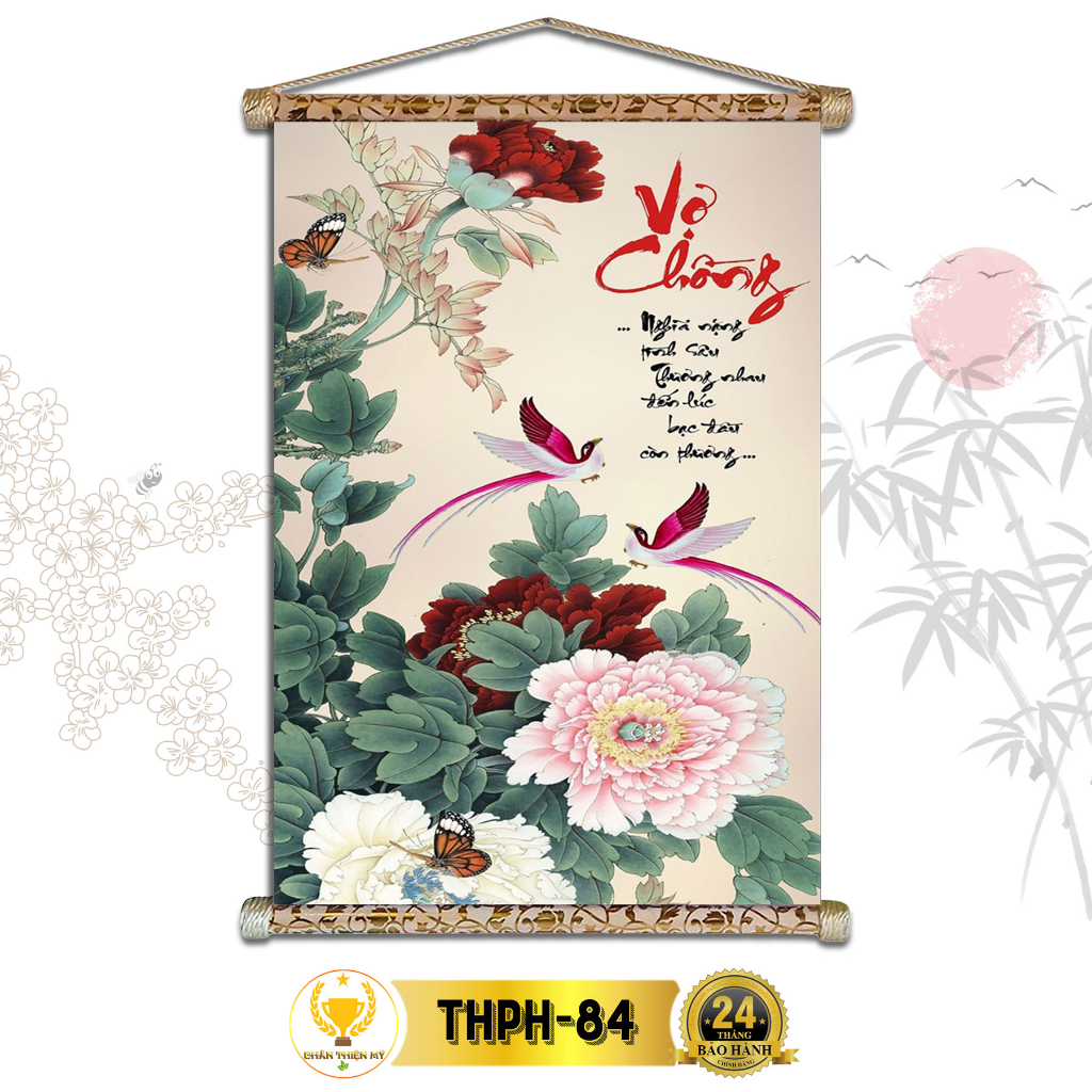 Tranh Thư Pháp Treo Tường Vợ Chồng CHÂN THIỆN MỸ, Chất Liệu Vải Lụa Kim Sa Khung Gỗ 40x60cm THPH-84