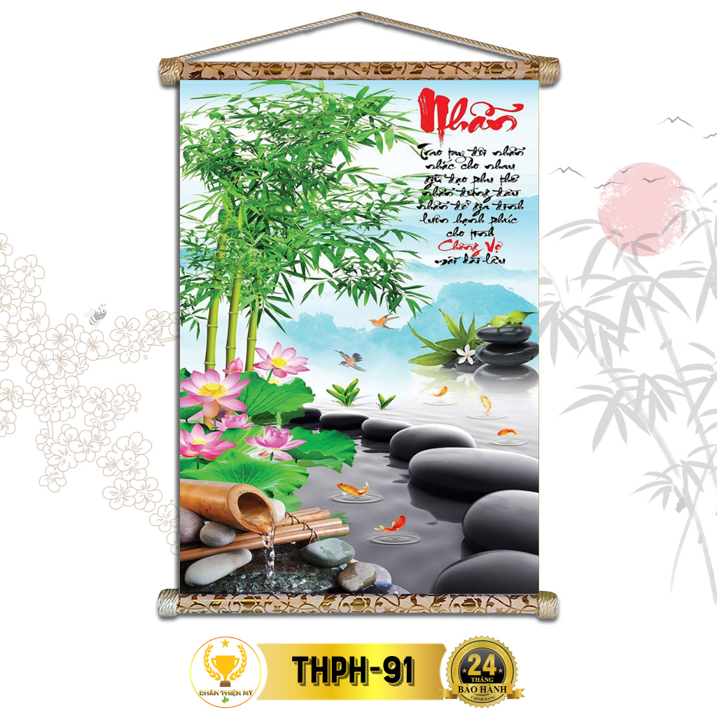 Tranh Thư Pháp Treo Tường Chữ Nhẫn CHÂN THIỆN MỸ, Chất Liệu Vải Lụa Kim Sa Khung Gỗ 40x60cm THPH-91