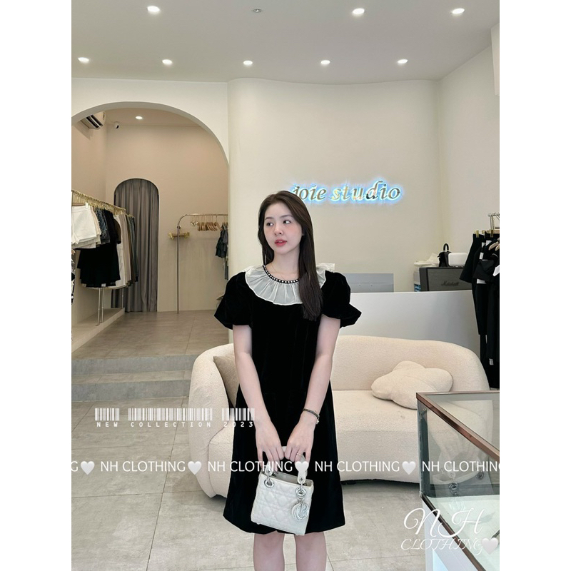 Váy nhung xuông phối cổ ren đính đá tiểu thư