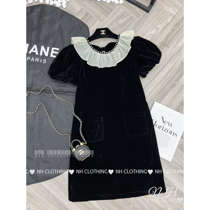 Váy nhung xuông phối cổ ren đính đá tiểu thư