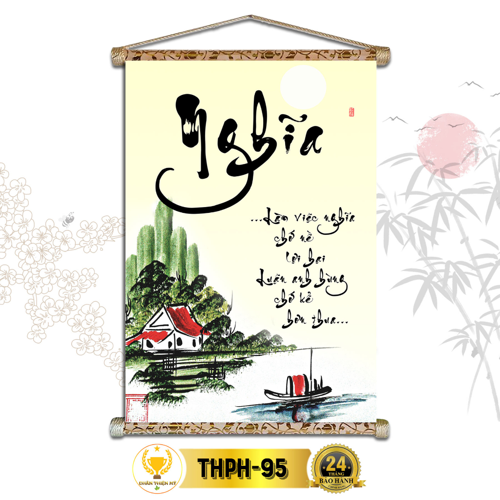 Tranh Thư Pháp Treo Tường Chữ Nghĩa CHÂN THIỆN MỸ, Chất Liệu Vải Lụa Kim Sa Khung Gỗ 40x60cm THPH-95
