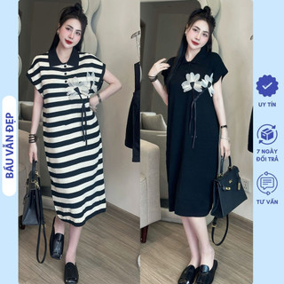 Đầm váy bầu polo dáng suông dài cao cấp cổ polo dáng suông phối hoa nổi - đầm bầu freesize