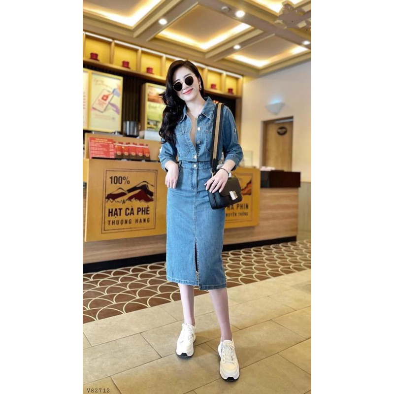 váy đầm jeans sơ mi trơn