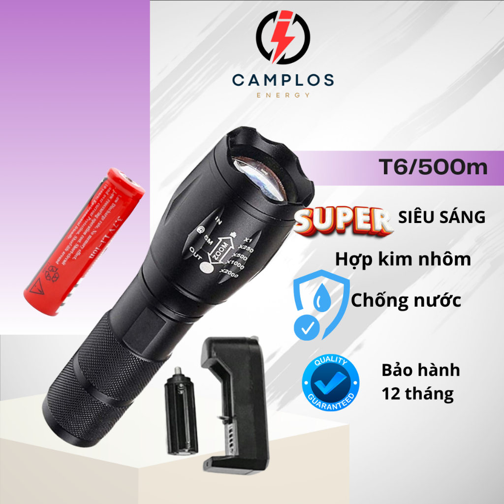Đèn pin siêu sáng cầm tay đèn bin cầm tay chiếu xa vỏ hợp kim dùng pin tích điện 18650 XML T6