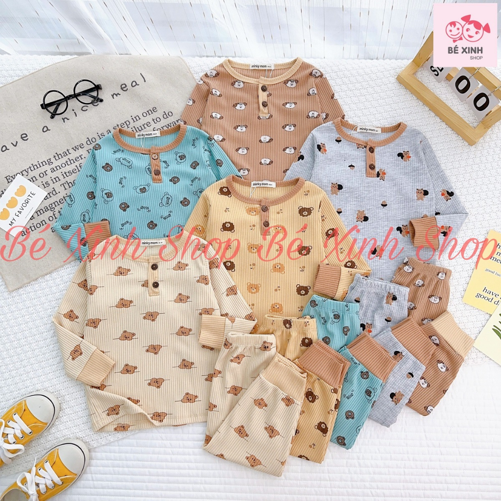 Đồ Bộ Quần Áo Ngủ Dài Tay Cho Bé Trai Bé Gái 8-18kg Bé_Xinh Set Đồ Bộ Thu Đông Cho Bé Trai Gái LEN TĂM PHỐI TRỤ