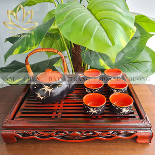 Bộ ấm chén Bát Tràng giả cổ quai mây họa tiết cành trúc màu cam 300ml kèm khay